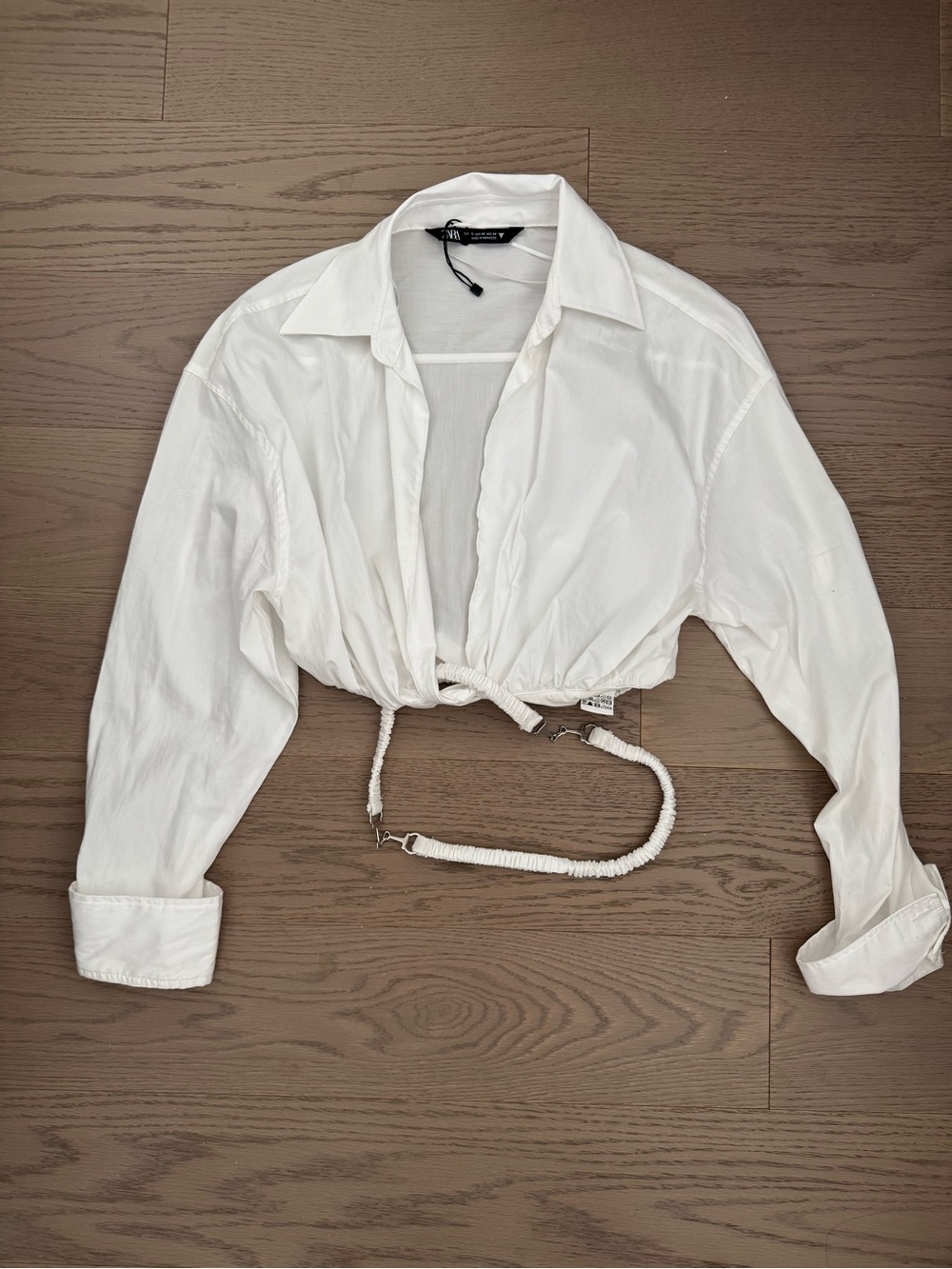 Zara White Cropped poplin belted Shirt. Size XS